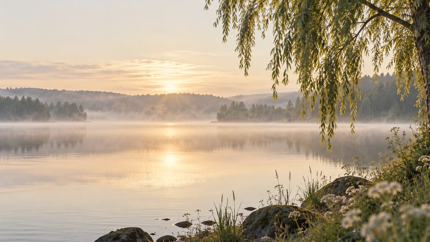 Morgonljus över en stilla sjö med skog i bakgrunden
